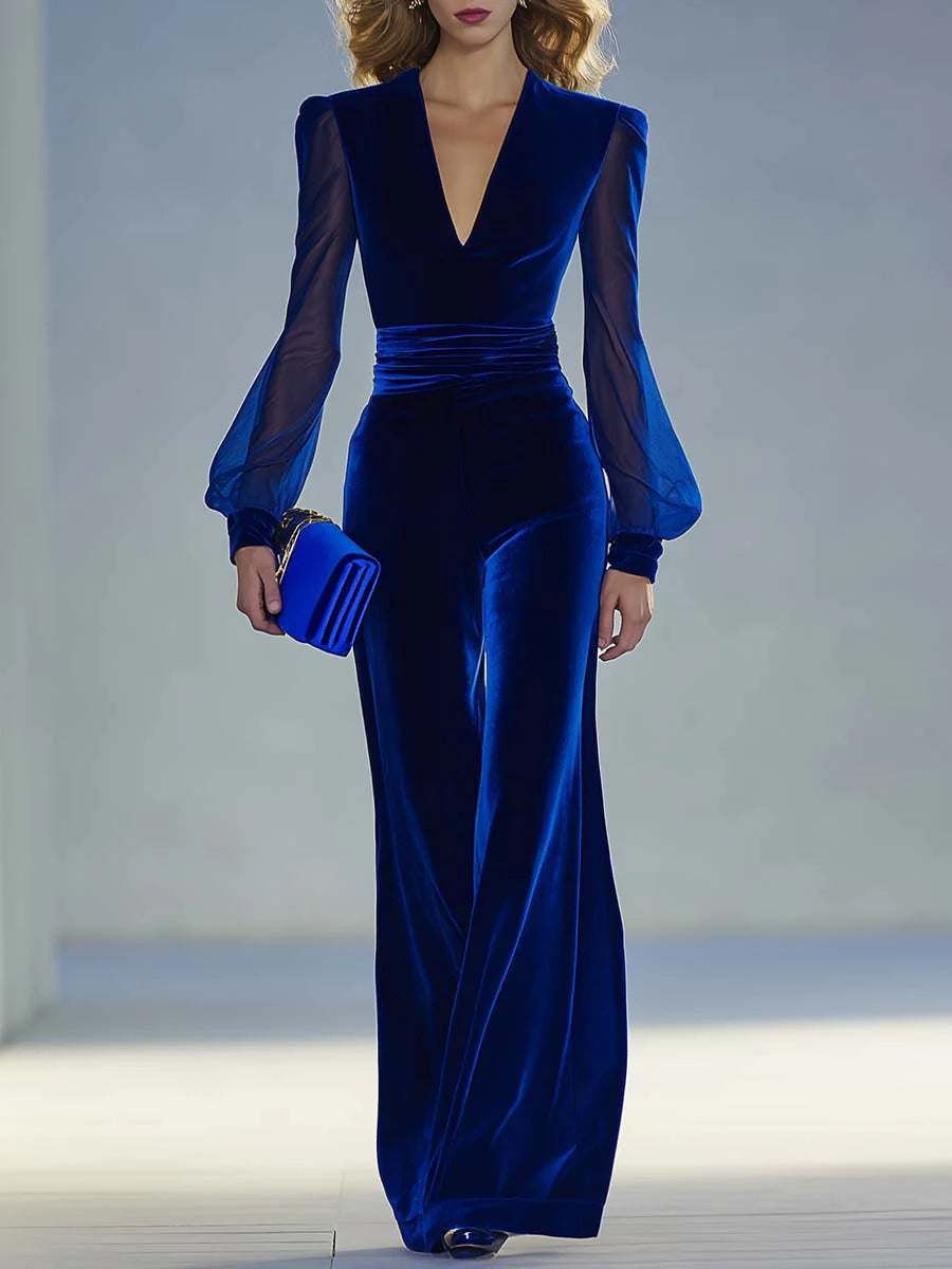 Women’s Velvet V-Neck Jumpsuit – Long Sheer Mesh Sleeve Elegant Retro-Inspired One-Piece