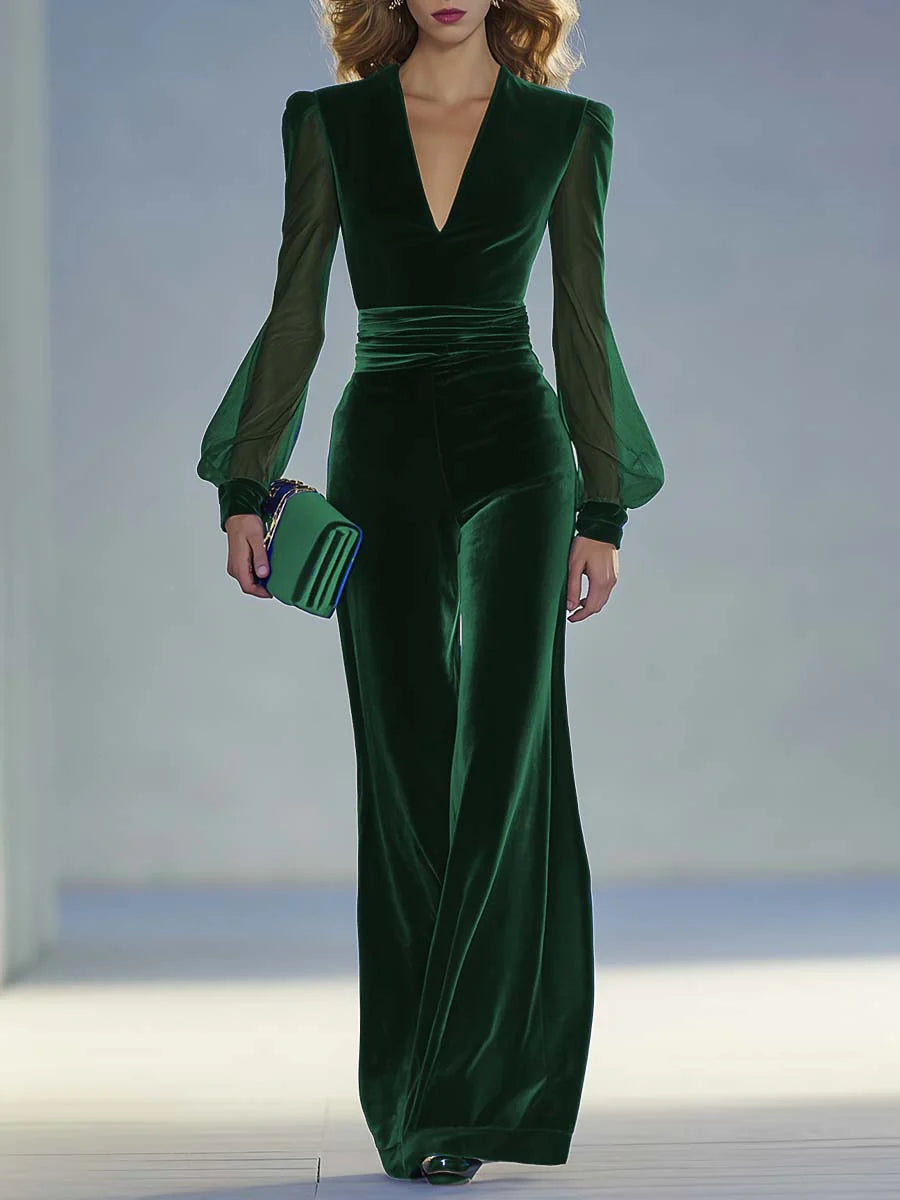 Women’s Velvet V-Neck Jumpsuit – Long Sheer Mesh Sleeve Elegant Retro-Inspired One-Piece