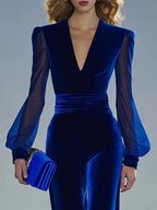 Women’s Velvet V-Neck Jumpsuit – Long Sheer Mesh Sleeve Elegant Retro-Inspired One-Piece