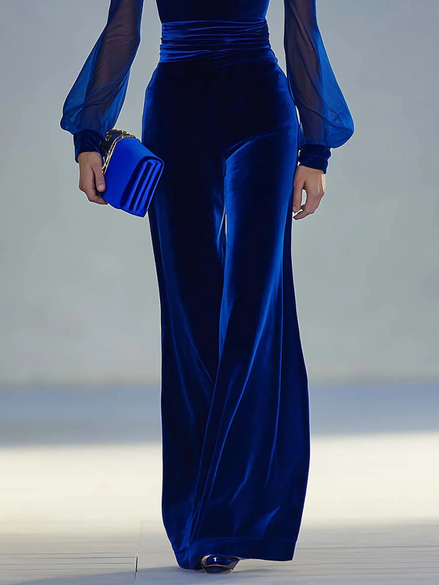Women’s Velvet V-Neck Jumpsuit – Long Sheer Mesh Sleeve Elegant Retro-Inspired One-Piece