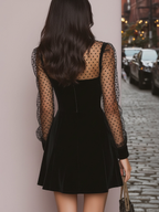 Women’s Black Velvet Mini Dress – Sheer Polka Dot Sleeve High Neck Ruffle Party Dress