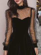 Women’s Black Velvet Mini Dress – Sheer Polka Dot Sleeve High Neck Ruffle Party Dress