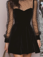 Women’s Black Velvet Mini Dress – Sheer Polka Dot Sleeve High Neck Ruffle Party Dress