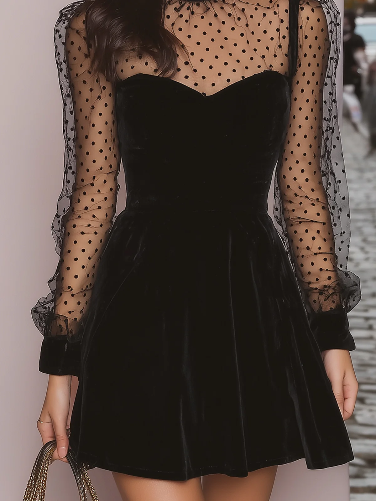 Women’s Black Velvet Mini Dress – Sheer Polka Dot Sleeve High Neck Ruffle Party Dress