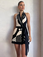 Valencia Abstract Halter Wrap Dress – Flowing Printed Summer Midi Dress