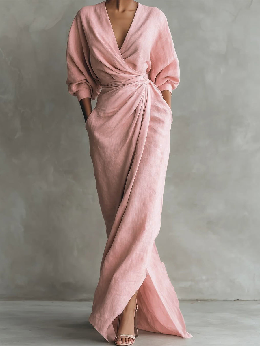 Women’s Valina Wrap Maxi Dress Long Sleeve Flowy Elegant Wrap Front Side Slit Draped Fabric Slimming Silhouette Formal Casual Evening Long Dress