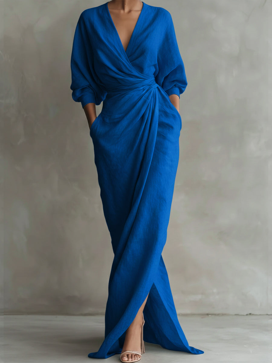 Women’s Valina Wrap Maxi Dress Long Sleeve Flowy Elegant Wrap Front Side Slit Draped Fabric Slimming Silhouette Formal Casual Evening Long Dress