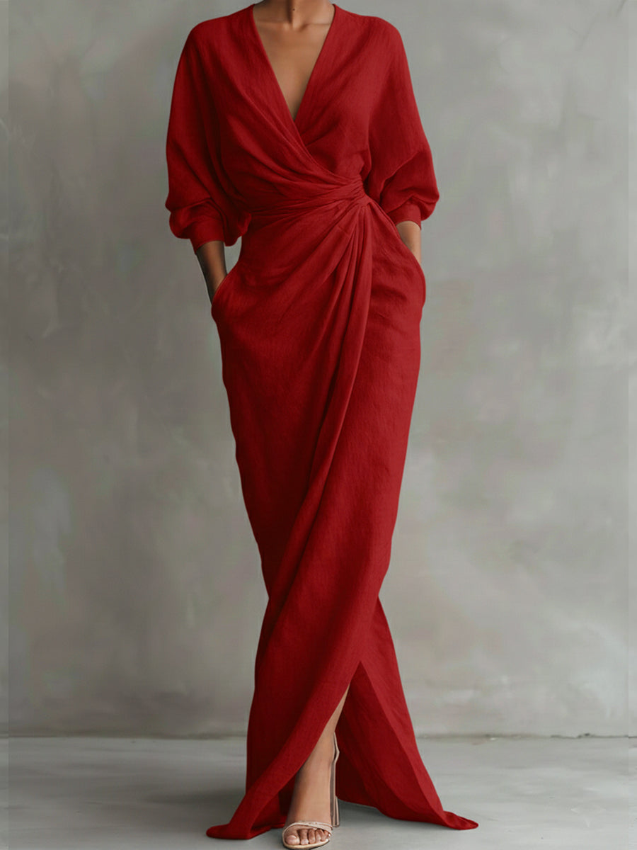 Women’s Valina Wrap Maxi Dress Long Sleeve Flowy Elegant Wrap Front Side Slit Draped Fabric Slimming Silhouette Formal Casual Evening Long Dress