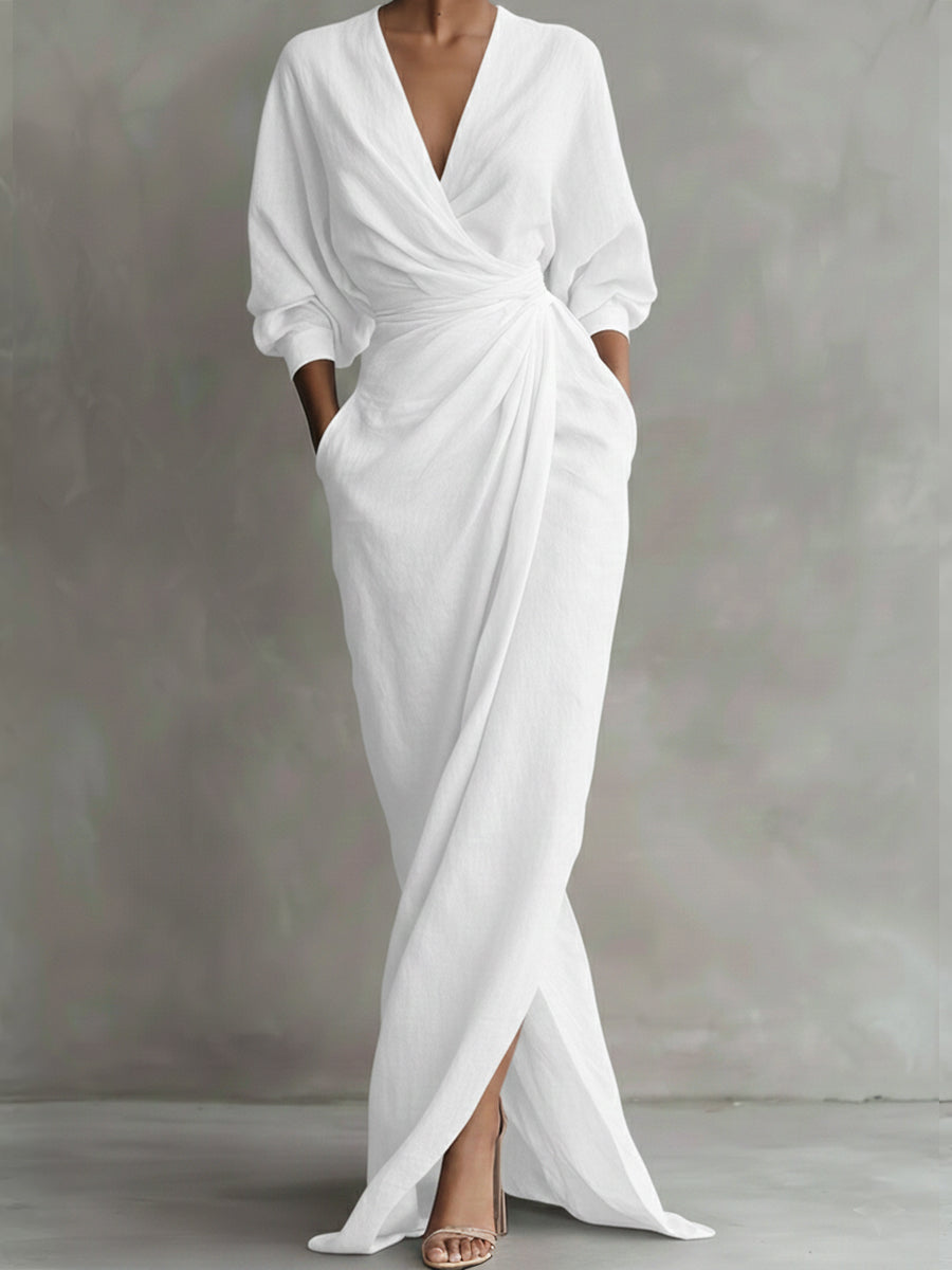 Women’s Valina Wrap Maxi Dress Long Sleeve Flowy Elegant Wrap Front Side Slit Draped Fabric Slimming Silhouette Formal Casual Evening Long Dress