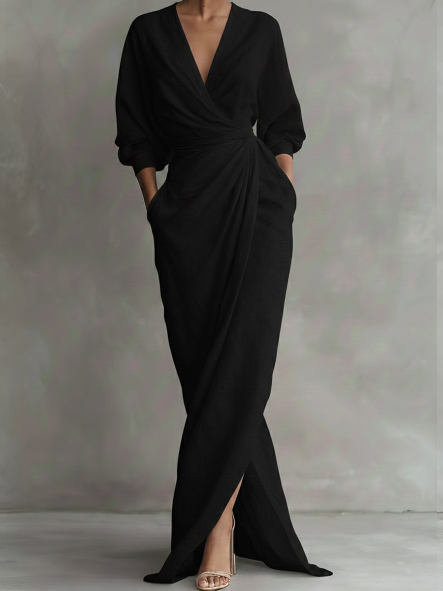 Women’s Valina Wrap Maxi Dress Long Sleeve Flowy Elegant Wrap Front Side Slit Draped Fabric Slimming Silhouette Formal Casual Evening Long Dress