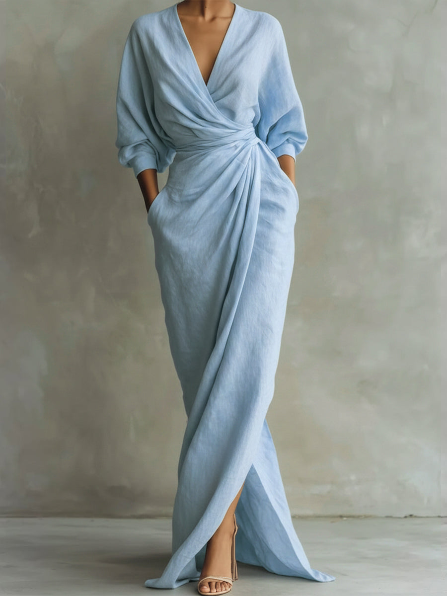 Women’s Valina Wrap Maxi Dress Long Sleeve Flowy Elegant Wrap Front Side Slit Draped Fabric Slimming Silhouette Formal Casual Evening Long Dress