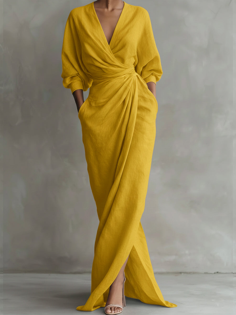 Women’s Valina Wrap Maxi Dress Long Sleeve Flowy Elegant Wrap Front Side Slit Draped Fabric Slimming Silhouette Formal Casual Evening Long Dress