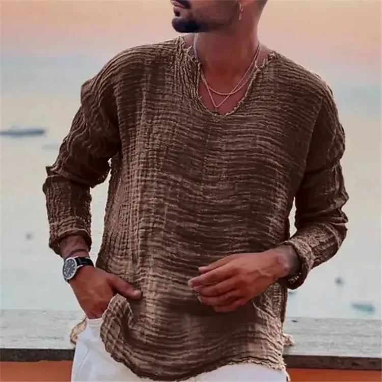 Men’s Viking-Inspired Casual Summer V-Neck Shirt – Lightweight Beach Wear Long Sleeve Top