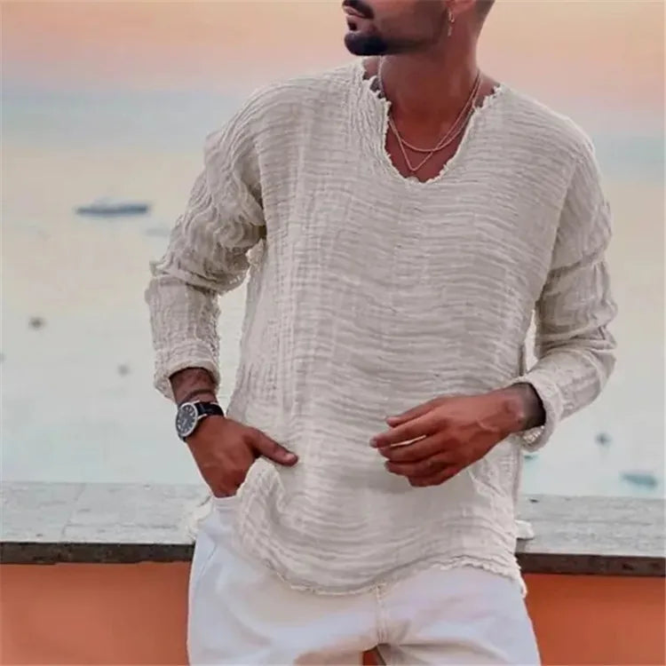 Men’s Viking-Inspired Casual Summer V-Neck Shirt – Lightweight Beach Wear Long Sleeve Top