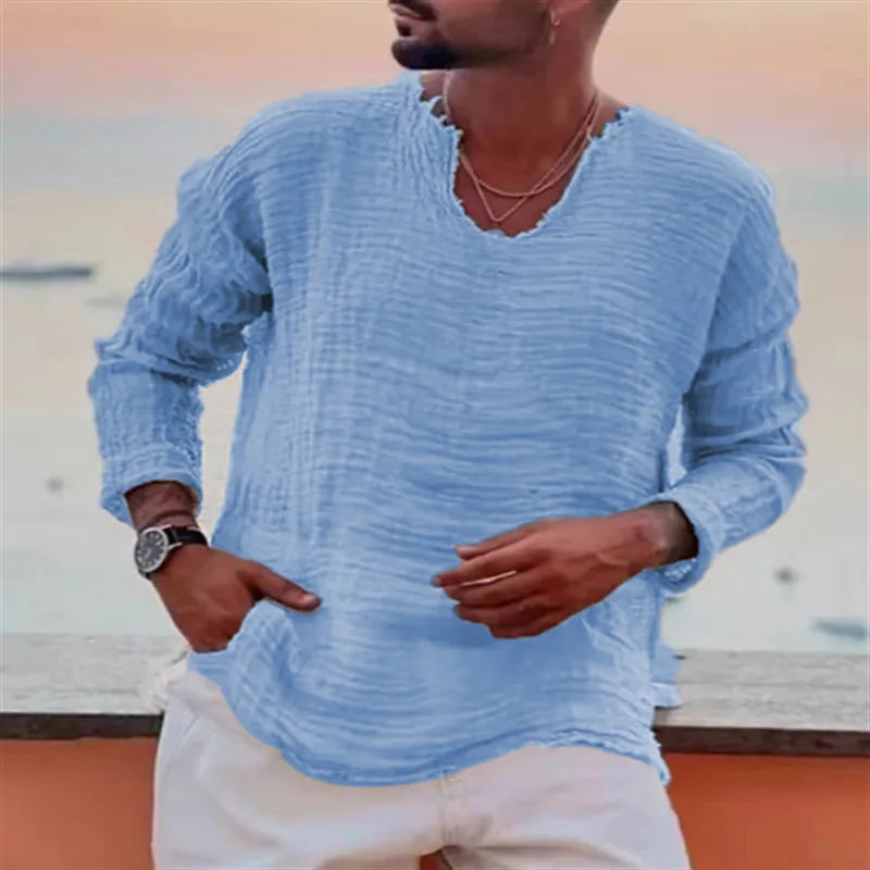 Men’s Viking-Inspired Casual Summer V-Neck Shirt – Lightweight Beach Wear Long Sleeve Top