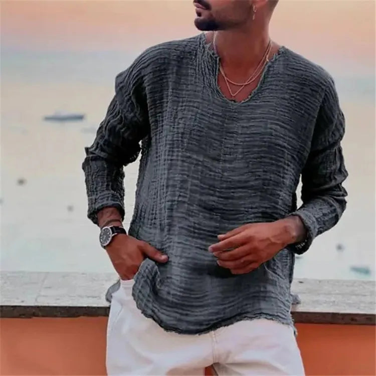 Men’s Viking-Inspired Casual Summer V-Neck Shirt – Lightweight Beach Wear Long Sleeve Top