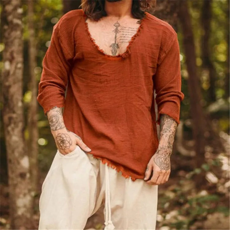 Men’s Viking-Inspired Casual Summer V-Neck Shirt – Lightweight Beach Wear Long Sleeve Top