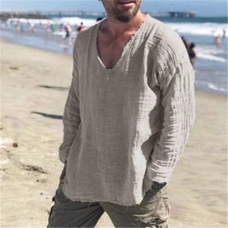 Men’s Viking-Inspired Casual Summer V-Neck Shirt – Lightweight Beach Wear Long Sleeve Top
