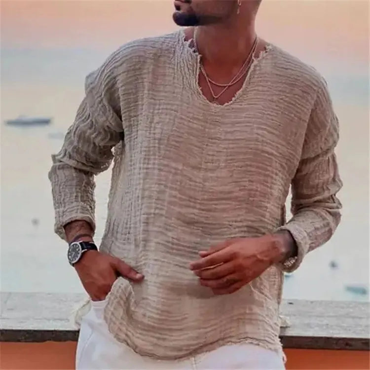 Men’s Viking-Inspired Casual Summer V-Neck Shirt – Lightweight Beach Wear Long Sleeve Top