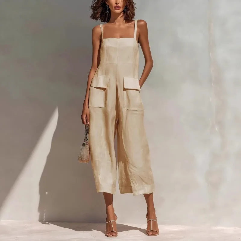 Women’s Vintage Summer Suspender Jumpsuit – Loose Fit Cotton Linen Backless Cropped Overalls
