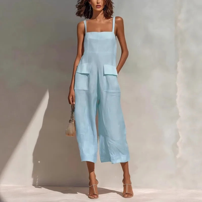 Women’s Vintage Summer Suspender Jumpsuit – Loose Fit Cotton Linen Backless Cropped Overalls