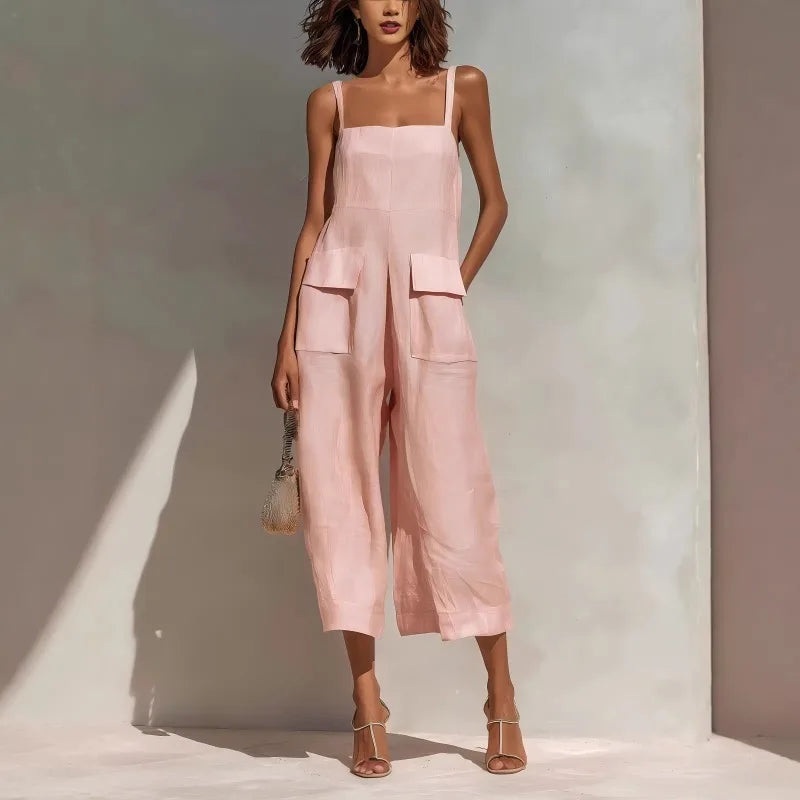 Women’s Vintage Summer Suspender Jumpsuit – Loose Fit Cotton Linen Backless Cropped Overalls