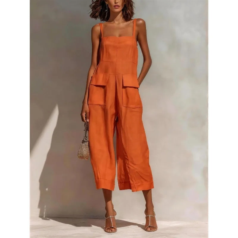 Women’s Vintage Summer Suspender Jumpsuit – Loose Fit Cotton Linen Backless Cropped Overalls