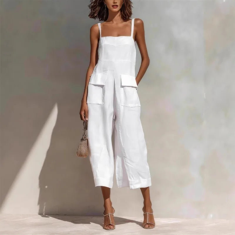 Women’s Vintage Summer Suspender Jumpsuit – Loose Fit Cotton Linen Backless Cropped Overalls