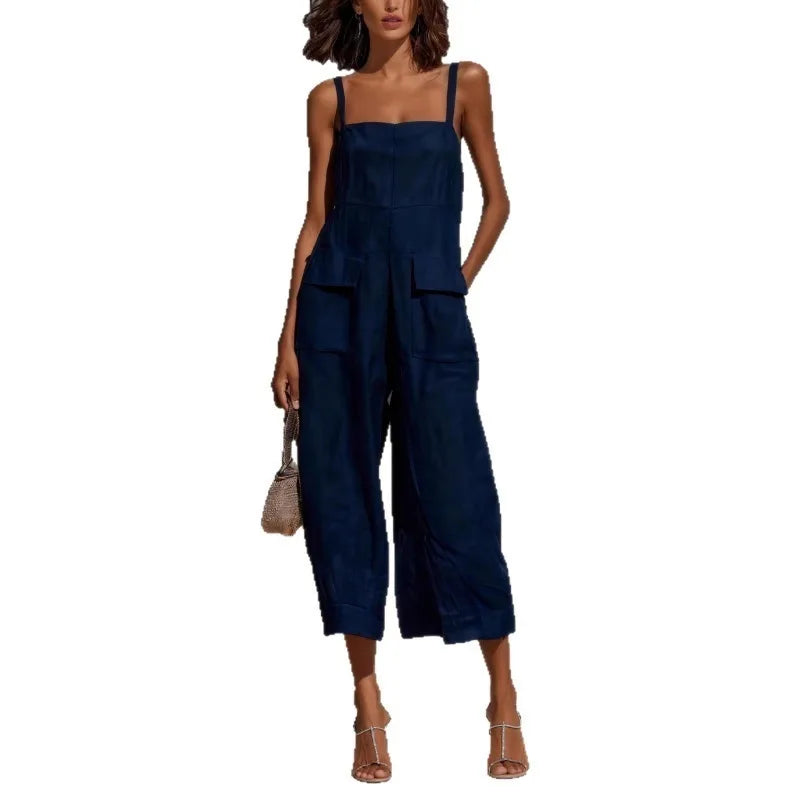 Women’s Vintage Summer Suspender Jumpsuit – Loose Fit Cotton Linen Backless Cropped Overalls