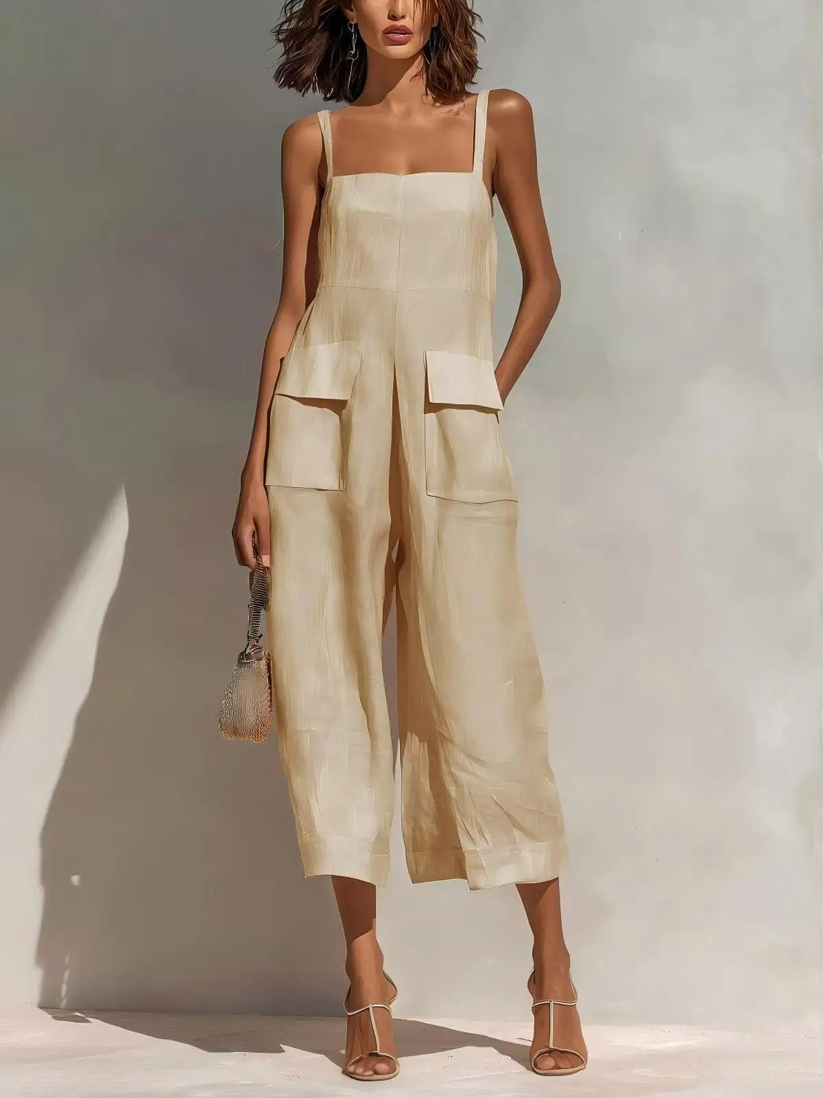 Women’s Vintage Summer Suspender Jumpsuit – Loose Fit Cotton Linen Backless Cropped Overalls