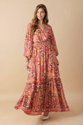 Women’s Printed Surplice Neck Smocked Waist Maxi Dress with Long Sleeves & Ruffled Hem