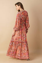 Women’s Printed Surplice Neck Smocked Waist Maxi Dress with Long Sleeves & Ruffled Hem