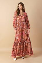 Women’s Printed Surplice Neck Smocked Waist Maxi Dress with Long Sleeves & Ruffled Hem