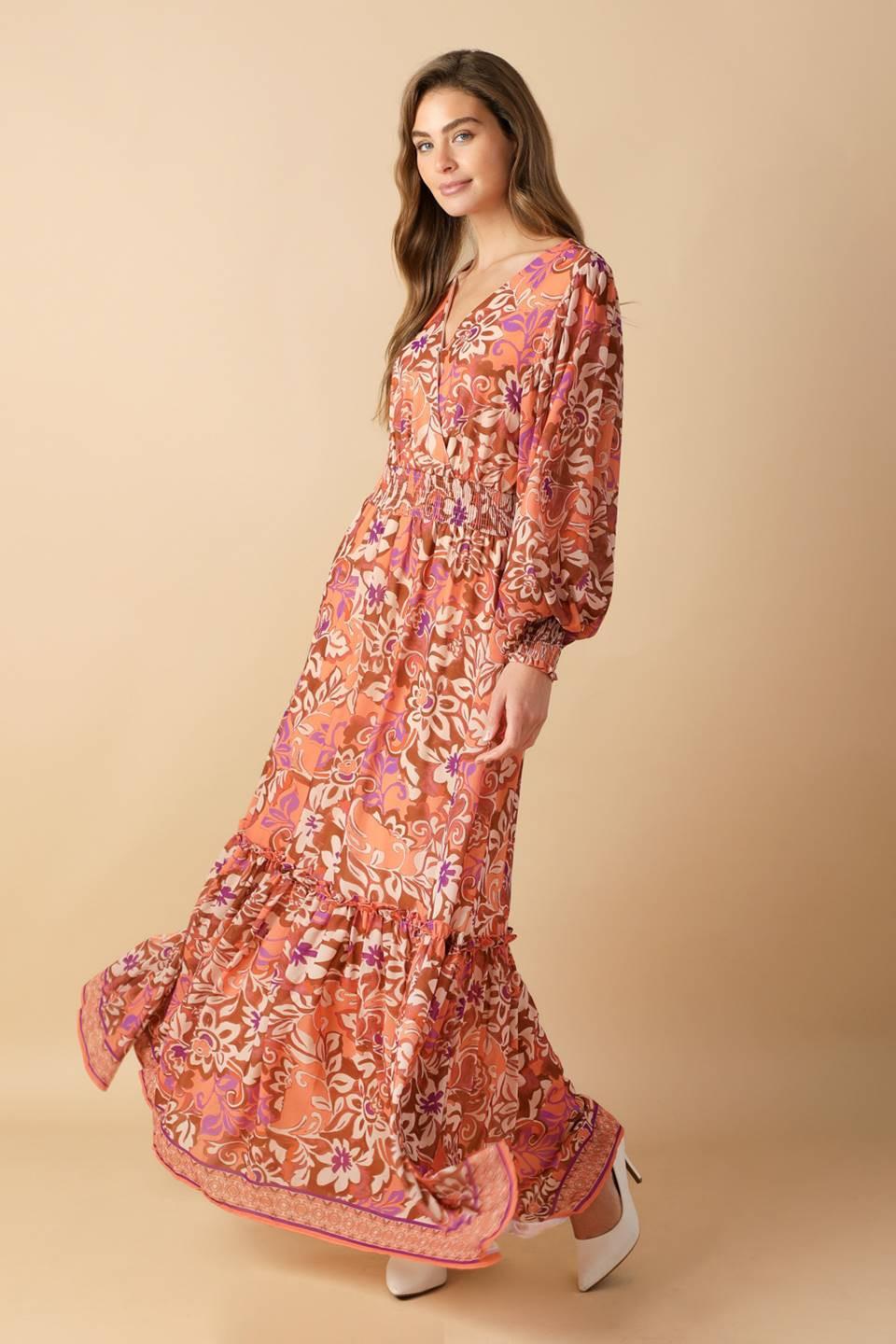 Women’s Printed Surplice Neck Smocked Waist Maxi Dress with Long Sleeves & Ruffled Hem
