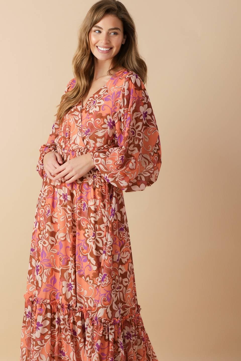 Women’s Printed Surplice Neck Smocked Waist Maxi Dress with Long Sleeves & Ruffled Hem