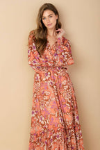 Women’s Printed Surplice Neck Smocked Waist Maxi Dress with Long Sleeves & Ruffled Hem