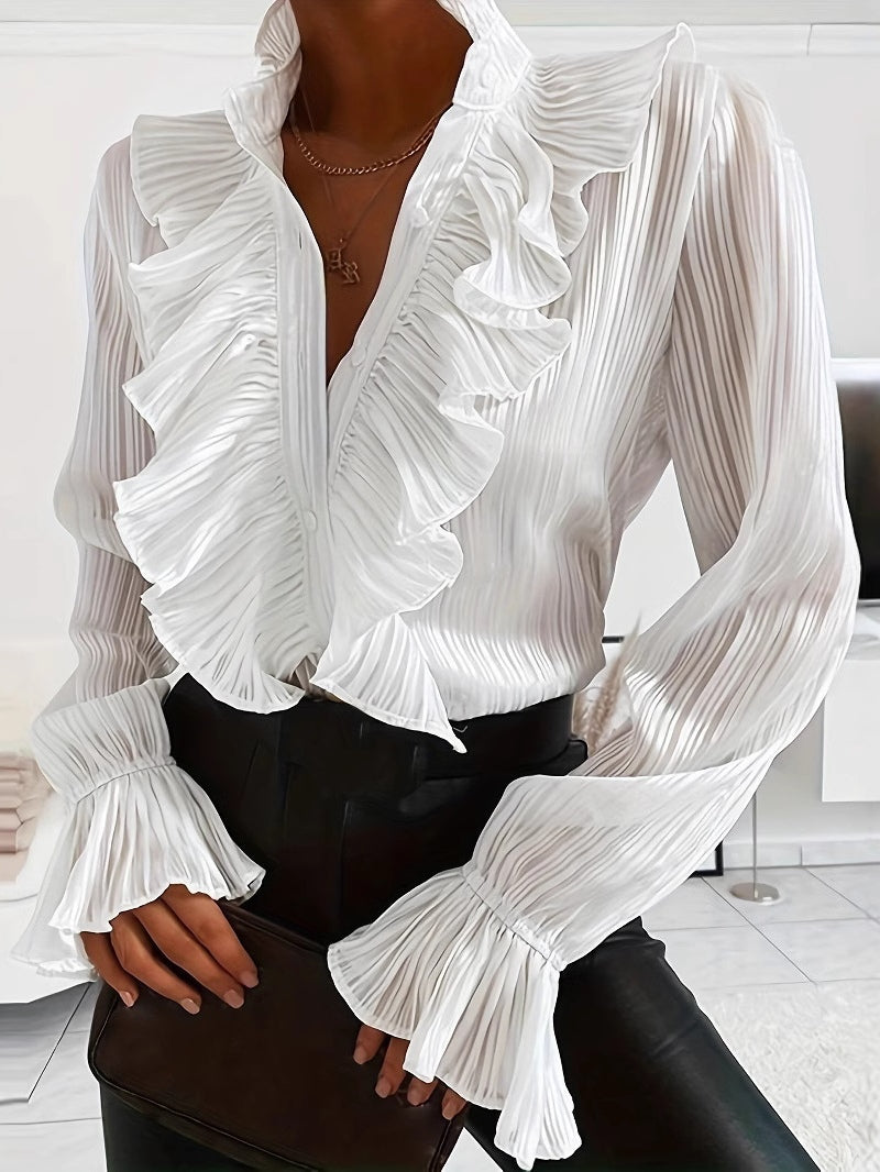 Women’s White Ruffle Blouse – V-Neck Long Sleeve Casual Elegant Shirt