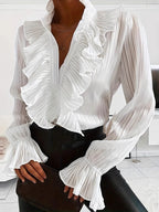 Women’s White Ruffle Blouse – V-Neck Long Sleeve Casual Elegant Shirt