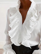 Women’s White Ruffle Blouse – V-Neck Long Sleeve Casual Elegant Shirt