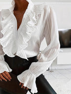 Women’s White Ruffle Blouse – V-Neck Long Sleeve Casual Elegant Shirt