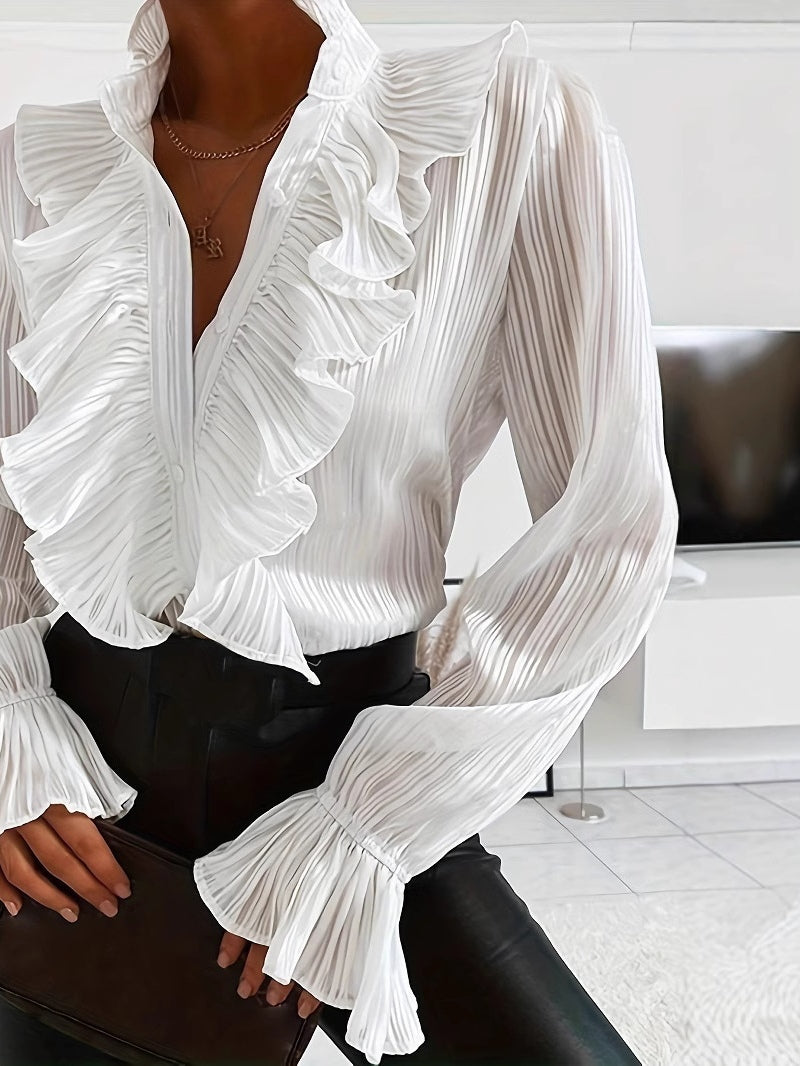 Women’s White Ruffle Blouse – V-Neck Long Sleeve Casual Elegant Shirt