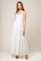 Women’s White Strapless Lace Maxi Dress with Twist Bodice, Smocked Back & Tiered Skirt