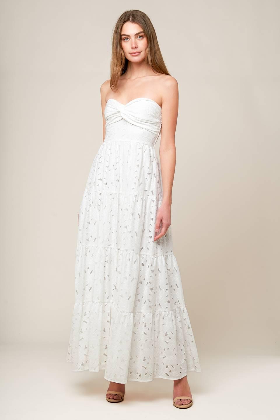 Women’s White Strapless Lace Maxi Dress with Twist Bodice, Smocked Back & Tiered Skirt