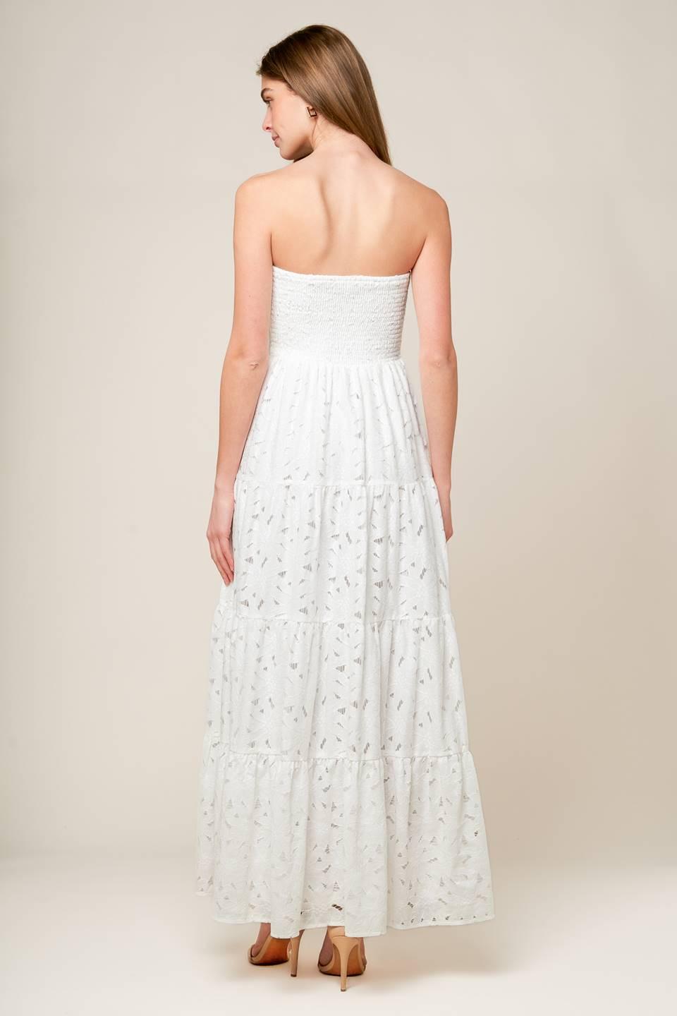 Women’s White Strapless Lace Maxi Dress with Twist Bodice, Smocked Back & Tiered Skirt