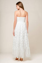 Women’s White Strapless Lace Maxi Dress with Twist Bodice, Smocked Back & Tiered Skirt