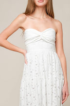 Women’s White Strapless Lace Maxi Dress with Twist Bodice, Smocked Back & Tiered Skirt