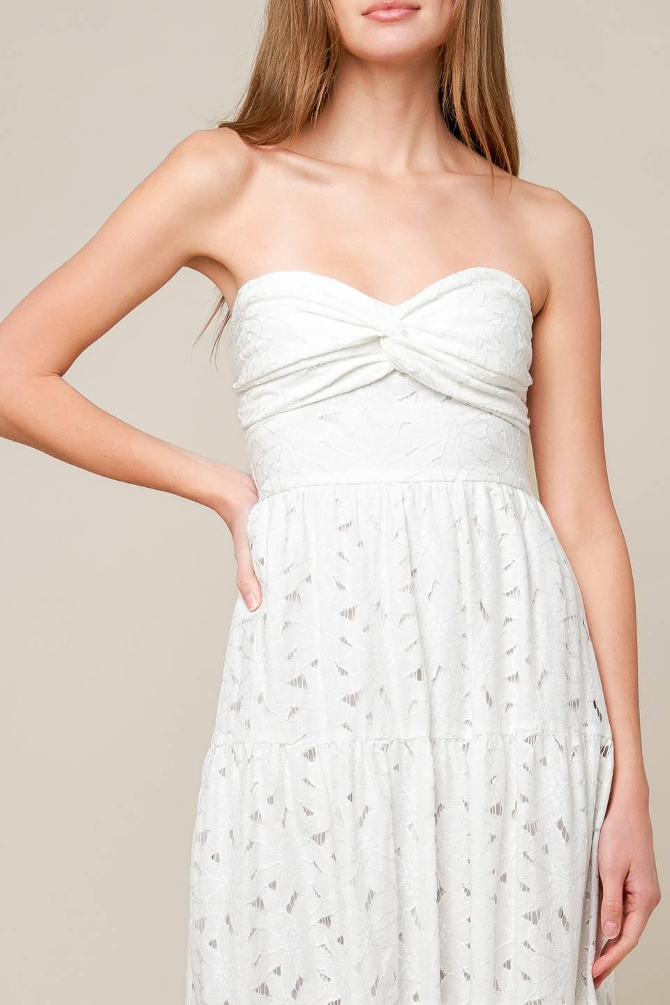 Women’s White Strapless Lace Maxi Dress with Twist Bodice, Smocked Back & Tiered Skirt