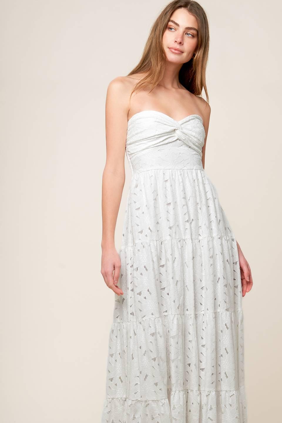 Women’s White Strapless Lace Maxi Dress with Twist Bodice, Smocked Back & Tiered Skirt