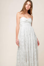 Women’s White Strapless Lace Maxi Dress with Twist Bodice, Smocked Back & Tiered Skirt