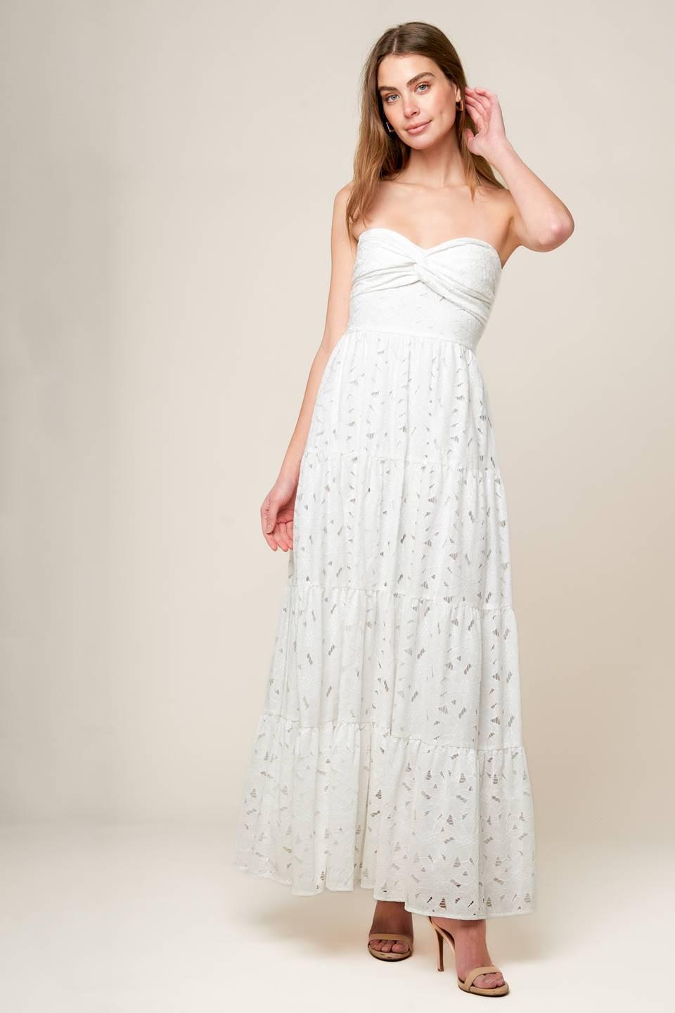 Women’s White Strapless Lace Maxi Dress with Twist Bodice, Smocked Back & Tiered Skirt